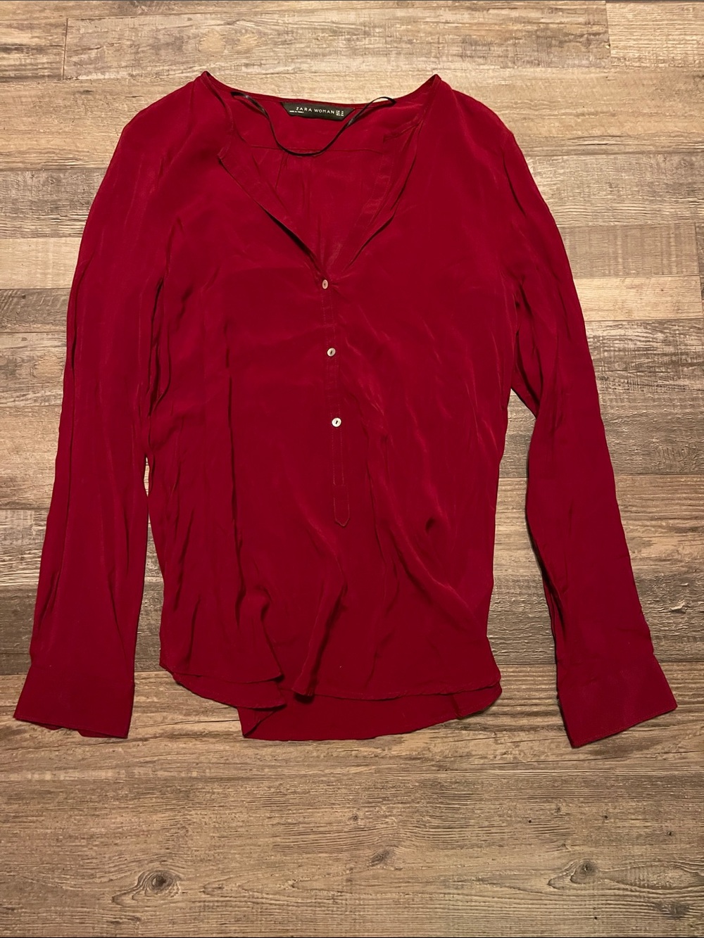 Zara Deep Red Button-Front V-Neck Blouse